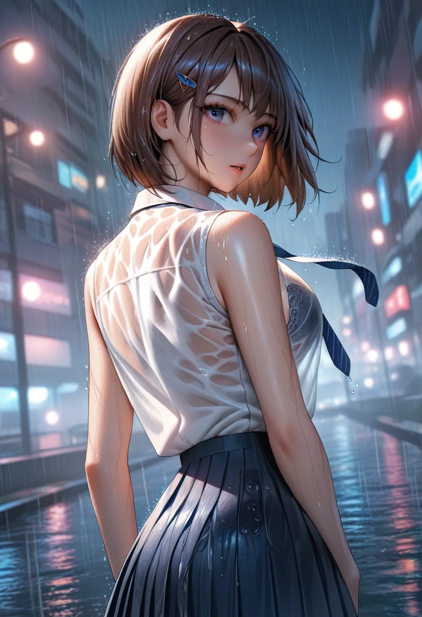 masterpiece, best quality, RAR, detailed background, 1girl, skirt, wet clothes, wet, solo, rain, blue eyes, outdoors, looking at viewer, pleated skirt, shirt, short hair, brown hair, hair ornament, hairclip, sleeveless, see-through, looking back, parted lips, blue skirt, blurry, bangs, wet shirt, bob cut, necktie, white shirt, breasts, night, bare shoulders, blurry background, from behind, shirt tucked in, blue necktie, bra, water, standing, collared shirt, cowboy shot, sleeveless shirt, medium breasts, school uniform, underwear, bare arms, wet hair, depth of field, arms at sides, cityscape,