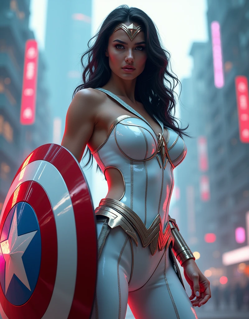 Wonder woman hyper realistic futuristic glossy finish glowing lighting white suit cyberpunk city holding a captain America shield 