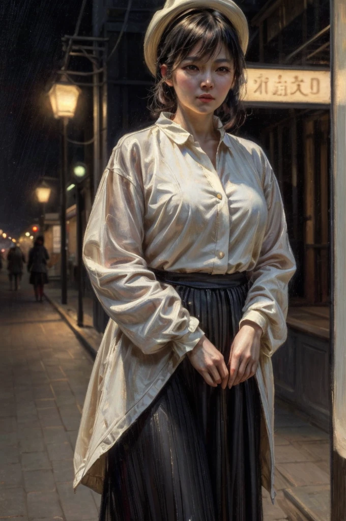 A mature woman in realistic oil painting portrait of high quality and detail, waist, modern style, mature face, 4, She has long black hair with short bangs, black eyes, pale skin, asian girl, She is wearing a white blouse, a short black cut-out skirt, black shoes, a black raincoat and a wide-brimmed black hat, medium breast, curvy, milf, blushing red face, mole on her face, dramatic look, glow, eye shadow, 1girl, Depth & Perspective, melancholic face, fine face, She's standing in the japanese street, outdoors, neon lights on background, looking at viewer, (ultra-high detail:1.2), Masterpiece, Best Quality, Ultra-detailed, Cinematic lighting, 8K, delicate features, cinematic, 35 mm lens, f/1.9, highlight lighting, global lighting –uplight –v 4, cinematic, Cinematic lighting, 8K, high quality, Highest Quality, (Solo Focus), (extremly intricate:1.3), (Realistic), masterful, Analog style, (Film grain:1.5), (cold tone),