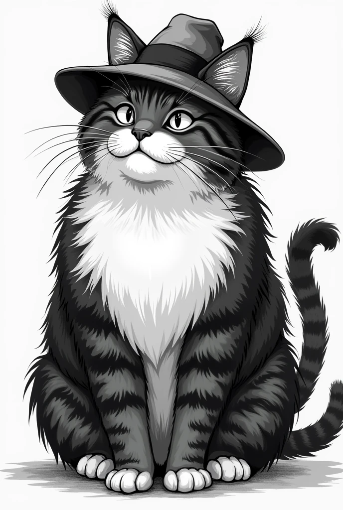 Thick-necked striped cat with detective hat. in black and white