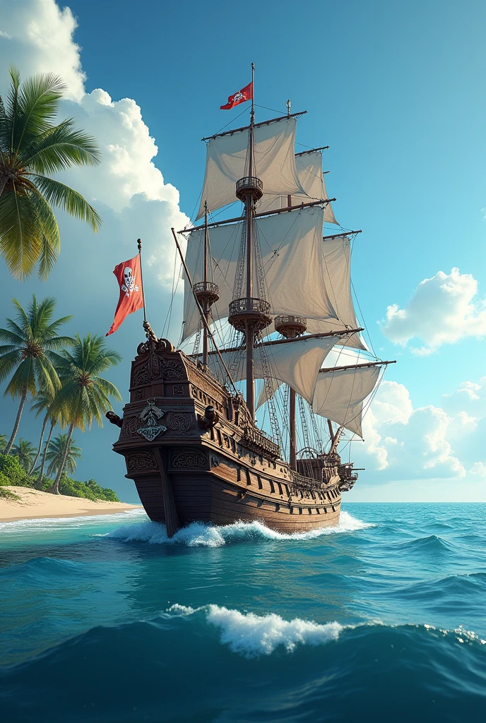 pirate ship in the ocean with a beach and palm trees, highly detailed digital artwork, amazing wallpaper, 8k high quality detailed art, 4k highly detailed digital art, highly detailed background, very high detailed, highly detailed 4 k art, 8k stunning artwork, amazing background, 8 k highly detailed art, highly detailed digital art, 4 k highly detailed art, official artwork