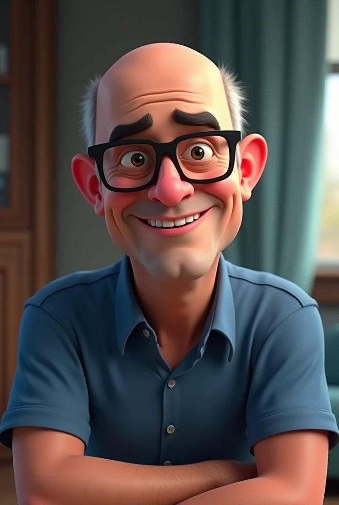 Cartoon character of a man in black glasses and blue shirt, an animated character, stylized character, animation style rendering, 3d stylized, Arnold Maya rendering, Stylized 3D rendering, toon render screenshot, 3d character, 3d character, Stylized 3D rendering, 3D character rendering, cartoon character, Personagem de close up, character posing, (Pixar-style) (master part:1.2) (bokeh) (best qualityer) (skin detailed) (detailed texture) (8k) (Argilla) (cinematic lighting) (sharp focus,Sit down and lift your upper body, baldie