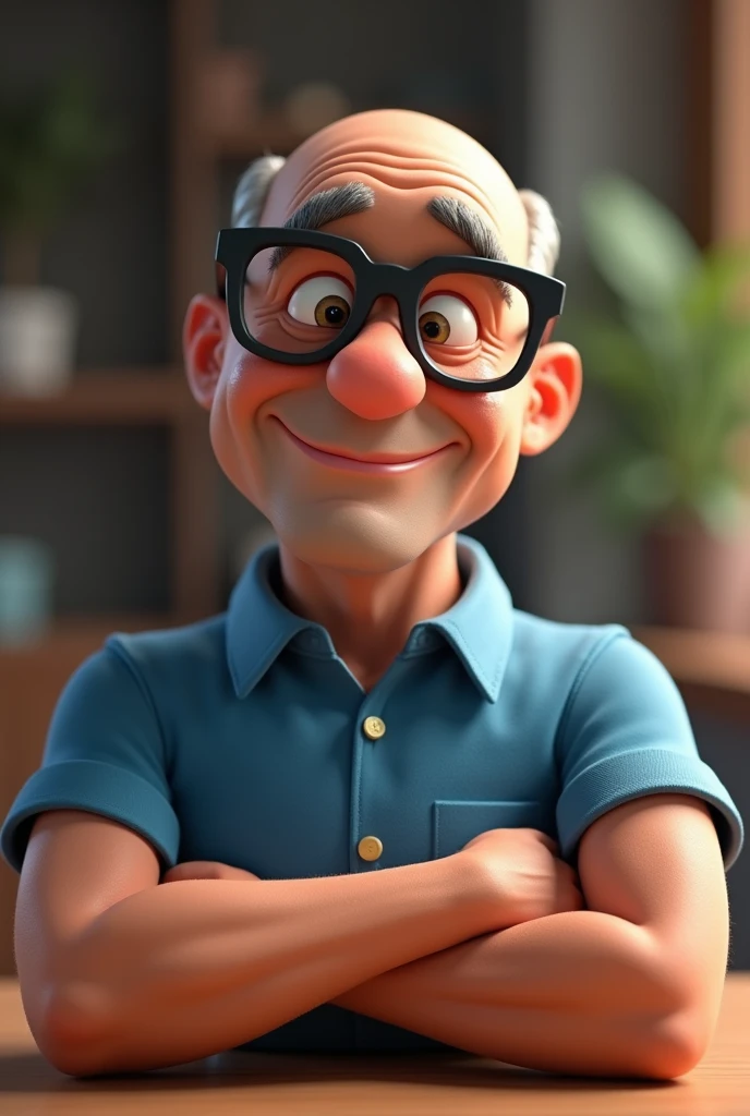 Cartoon character of a man in black glasses and blue shirt, an animated character, stylized character, animation style rendering, 3d stylized, Arnold Maya rendering, Stylized 3D rendering, toon render screenshot, 3d character, 3d character, Stylized 3D rendering, 3D character rendering, cartoon character, Personagem de close up, character posing, (Pixar-style) (master part:1.2) (bokeh) (best qualityer) (skin detailed) (detailed texture) (8k) (Argilla) (cinematic lighting) (sharp focus，Sit down and lift your upper body, baldie