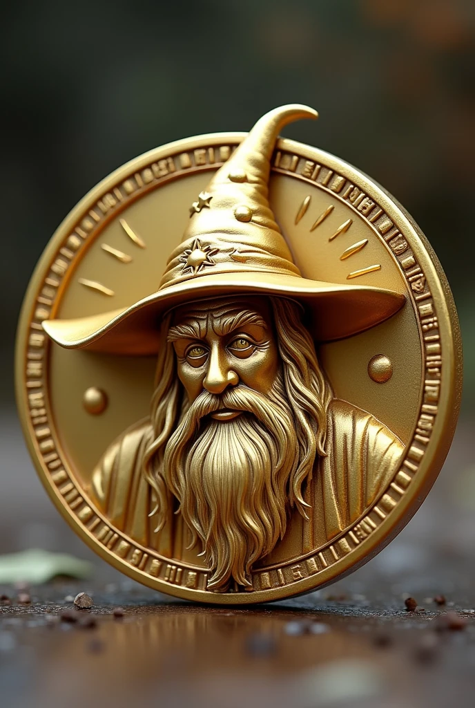 A hyperrealistic image of a golden coin with the face of a wizard embossed on it, perfectly centered and upright. The wizard has a detailed face with a long beard and a pointed hat adorned with stars, exuding a wise and mysterious expression. The coin's edge features intricate engravings, enhancing its antique and magical appearance. The gold surface is polished and shiny, reflecting light and showcasing the fine details of the wizard's face and the coin's texture, emphasizing its realism and making it look like a precious artifact against a neutral, blurred background.