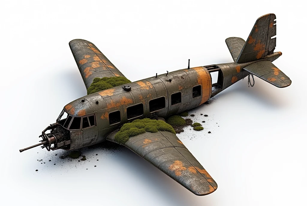 Aerial view of a rusty, wrecked plane, part of the firing shot burned, broken window, machine gun drilling into moss covered hull, total white background, complex and realistic details, image for reference model composition, 3D presentation thumbnail. unreal engineer Iray rendering NVIDIA RTX 3060, global lighting studio,