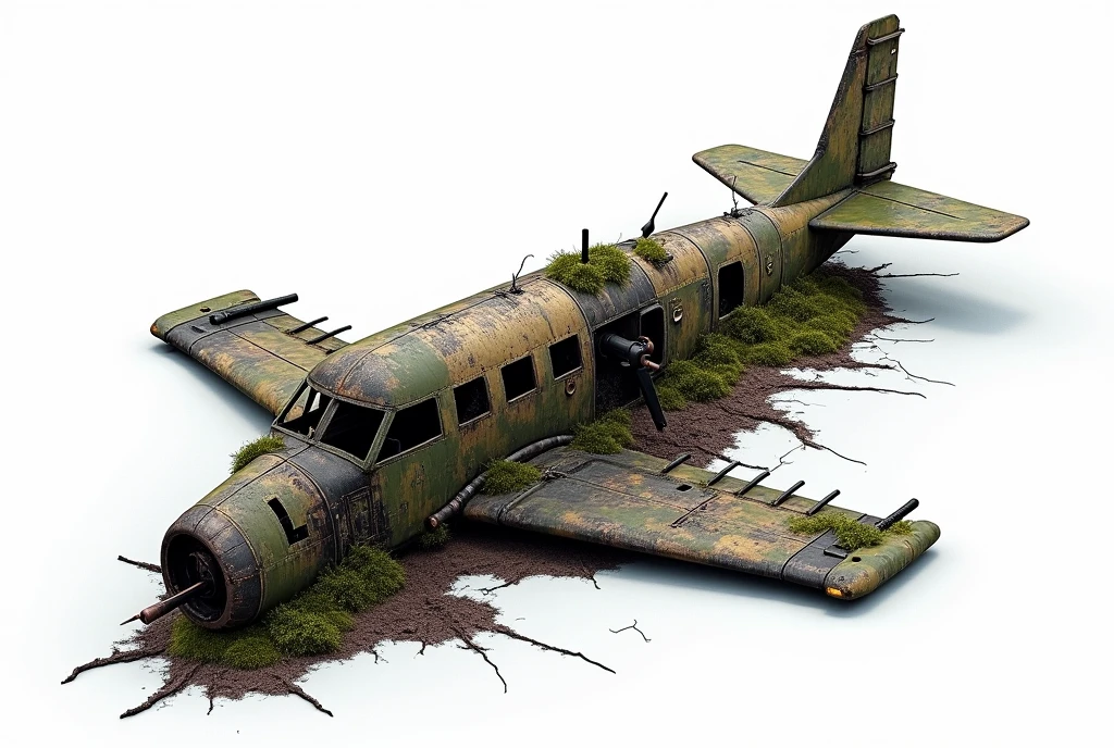 Aerial view of a rusty, wrecked plane, part of the firing shot burned, broken window, machine gun drilling into moss covered hull, total white background, complex and realistic details, image for reference model composition, 3D presentation thumbnail. unreal engineer Iray rendering NVIDIA RTX 3060, global lighting studio,