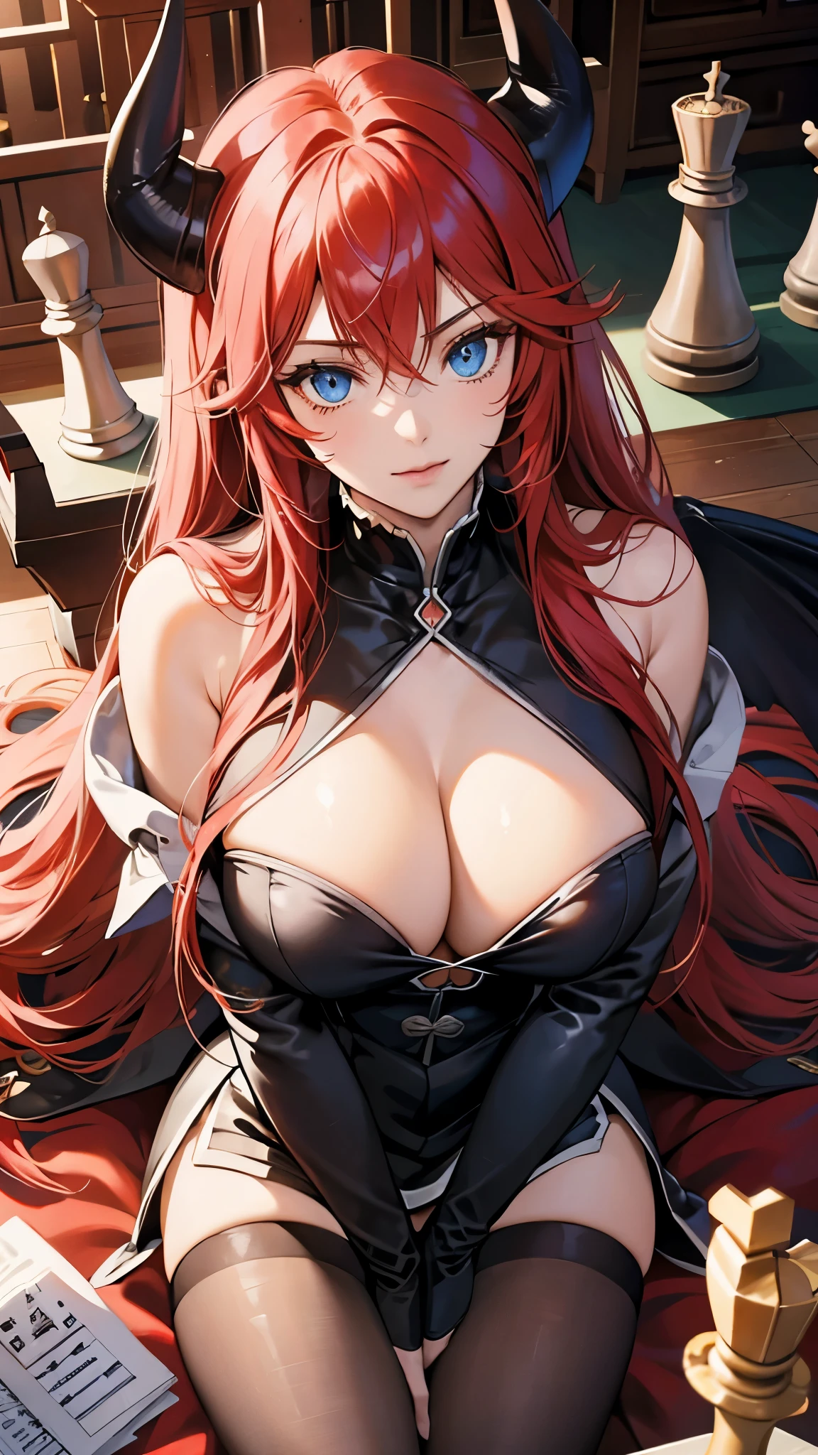 female, rias gremory, on chess floor, giant chess pieces, blue eyes, massive breasts, magic, demon wings