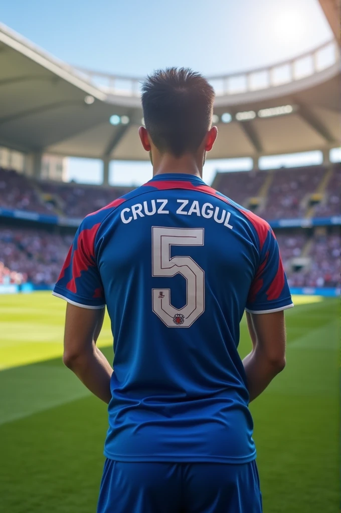A 5 man seen from the front wearing his Cruz Azul shirt in a football stadium