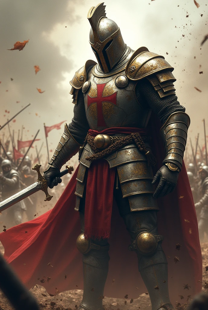 Create a realistic Templar warrior with the helmet,  holding his sword with both hands in the middle of war.