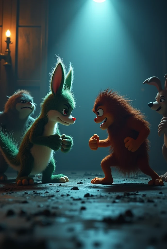 Well-known cartoon characters in a fighting pose in a low-light environment