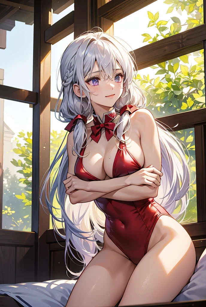 ((masterpiece)), ((Best quality)), (high resolution), (illustration), (an extremely delicate and beautiful), (ultra detailed beautiful face and eyes), nsfw, 1girl, leaning forward, YukineChris, long hair, purple eyes, twintails, low twintails, ahoge, large breasts, fishnet pantyhose, red a bow tie, volumetric lightning,
detailed skin texture, detailed, volumetric shadow, anime screencap,Highest quality, Sorceress, ancient babylonian nobility, ((tan skin:1.2)), (brown skin color),Long hair, twin braids, hair ornament, wine colored hair, smile, Below average size breasts, bare shoulders, (underboob:0,Red leotard)clothes get torn、Cross your arms、Wide-open legs、Standing with your legs apart、front、Leg spread、Groin、bikini、Two Piece、Yukine Chris、Symphogear、Wet、lake、lake畔、shrine、Bi、紺Bi
8K, masterpiece, Best_quality, high_resolution, ultra_details, detailed, 1girl, 独奏, looking_at_viewer, upper_body, braid, blurry, bangs, white_hair, blurry_background, collared_shirt, church, Blue_dress、hair_ribbon, hair_between_eyes,
sidelocks,depth_of_field,light_particles,sun_shine,snow、french_braid, Alphonse Mucha Style, sharp focus, perfect hands, perfect face, perfect eyes, perfect light, dynamic light, natural light, Masterpiece, Best quality,