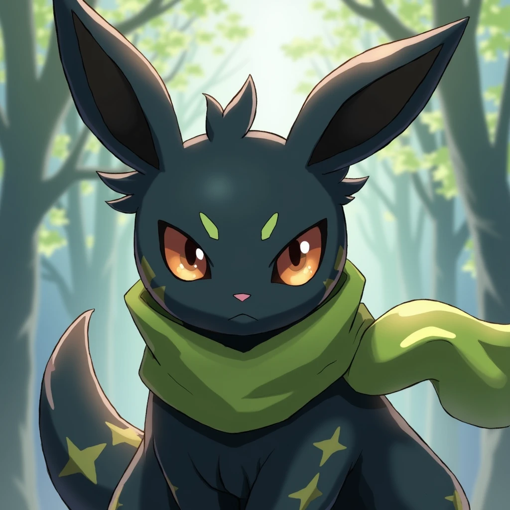 High resolution, detail, cheered up. A Shiny Umbreon from Pokémon with a slightly serious look and scars all over its body except its face., and a huge scar on the right side of his neck. Dark-colored tunic covering almost the entire body, lime green scarf covering almost her entire neck, but leaving the scar on his neck somewhat exposed