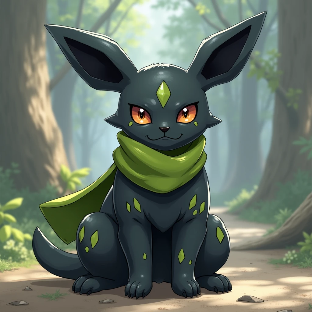 High resolution, detail, cheered up. A Shiny Umbreon from Pokémon with a slightly serious look and scars all over its body except its face., and a huge scar on the right side of his neck. Dark-colored tunic covering almost the entire body, lime green scarf covering almost her entire neck, but leaving the scar on his neck somewhat exposed