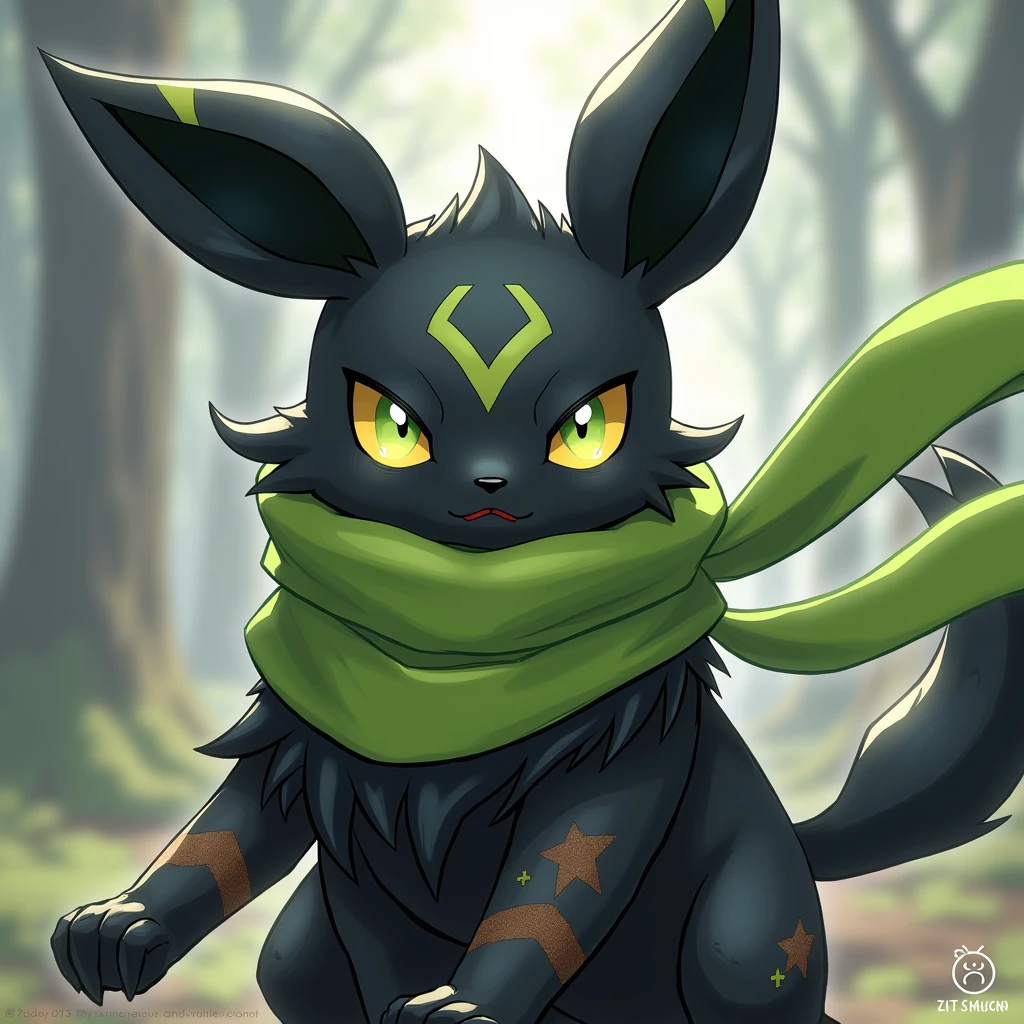 High resolution, detail, cheered up. A Shiny Umbreon from Pokémon with a slightly serious look and scars all over its body except its face., and a huge scar on the right side of his neck. Dark-colored tunic covering almost the entire body, lime green scarf covering almost her entire neck, but leaving the scar on his neck somewhat exposed