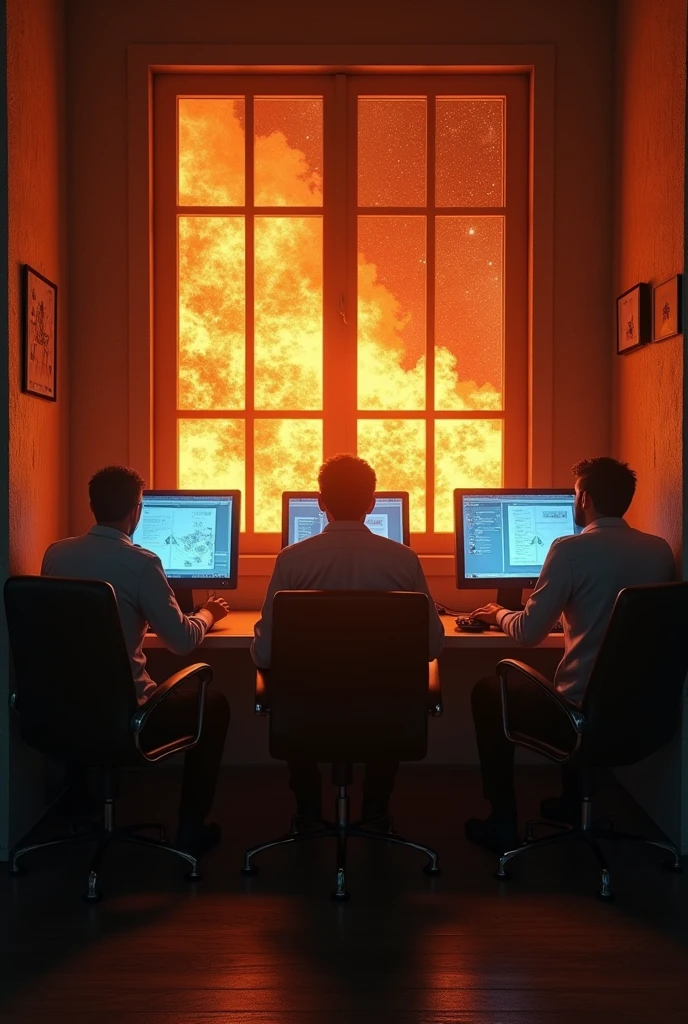 * context: A WOMAN IS IN A BROTHEL
* supper: 5 MEN ARE WORKING ON THEIR COMPUTERS. IN THE BACKGROUND THE WINDOWS ARE ON FIRE