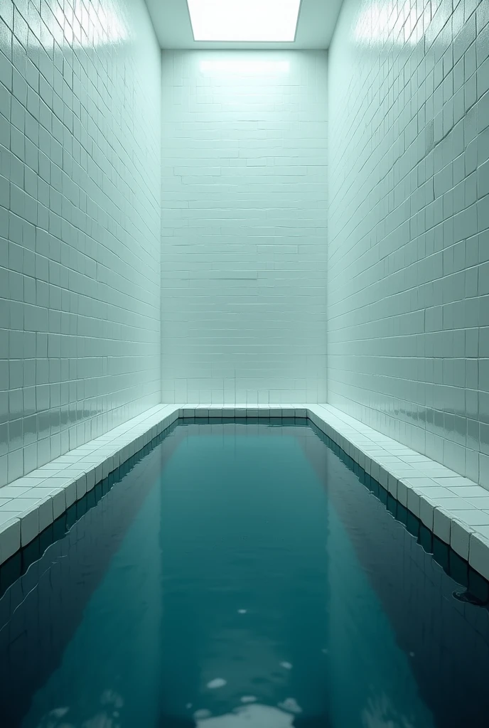 Create a backroom with white tile walls and blue water