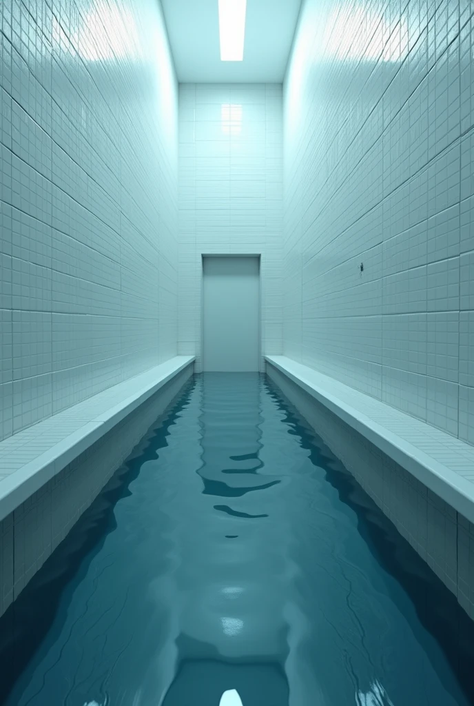 Create a backroom with white tile walls and blue water