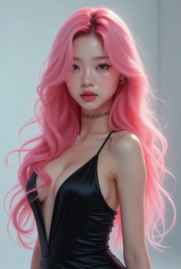 WOMAN SINGER FROM BACK PINK HAIR BLACK DRESS HYPERREALISTIC LONG PINK HAIR BLACK DRESS