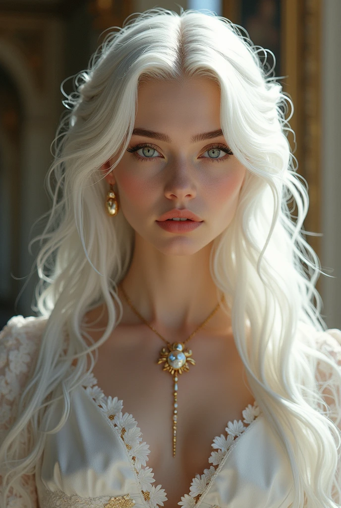 Create a Versailles woman, but it should be white hair and it should be current