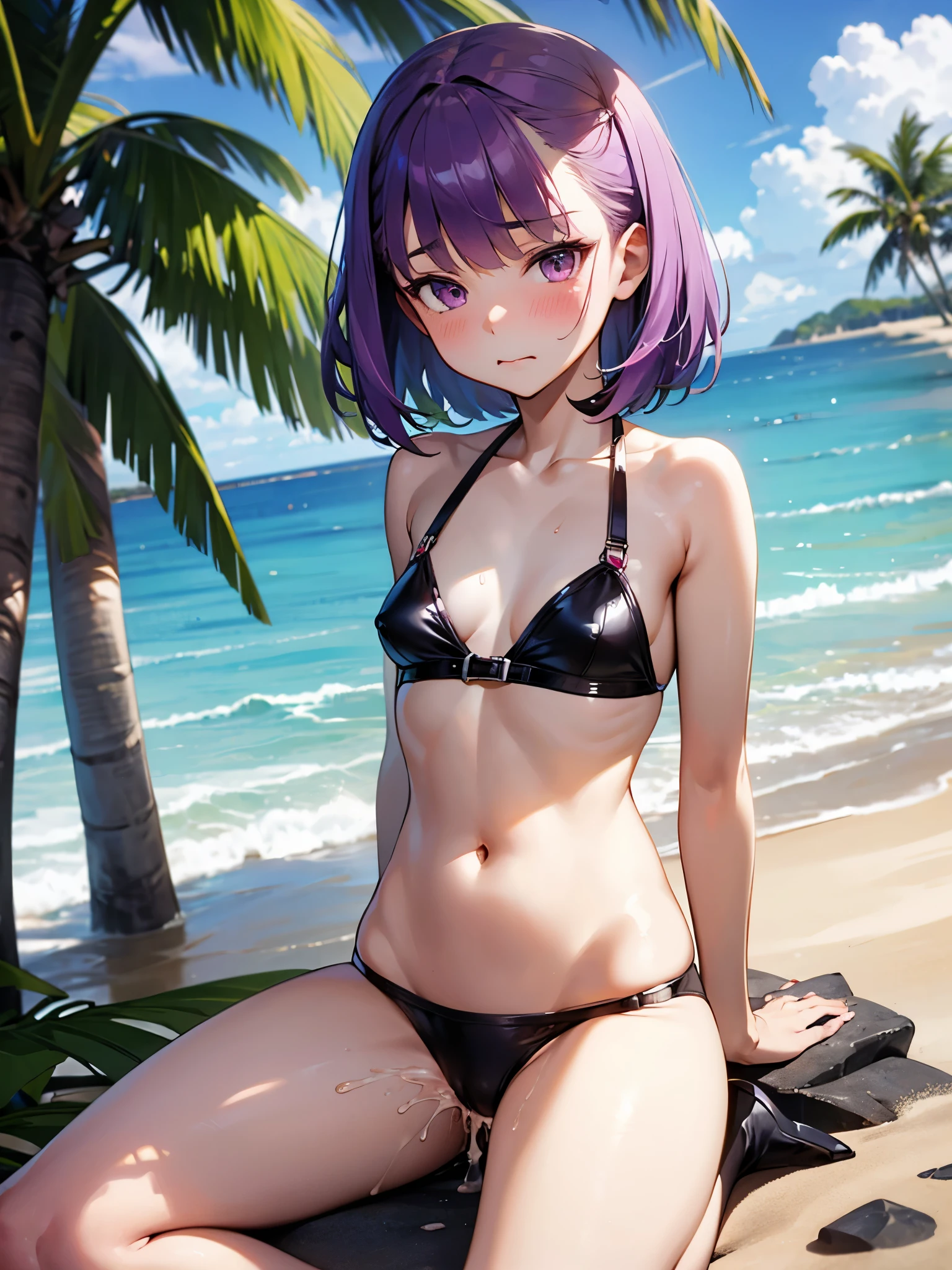 NSFW,masterpiece,Highest quality,High resolution,Very detailed,Helena Blavatsky\(Fate/grandorder\)、Purple Hair、short hair、（Purple eyes：1.1）,bikini,Small breasts,beach,Palm tree,Rock Shade,(Lustful face),(Frustrated face),Melted face,blush,(Young men),,(Have sex),Are standing,Spread your legs