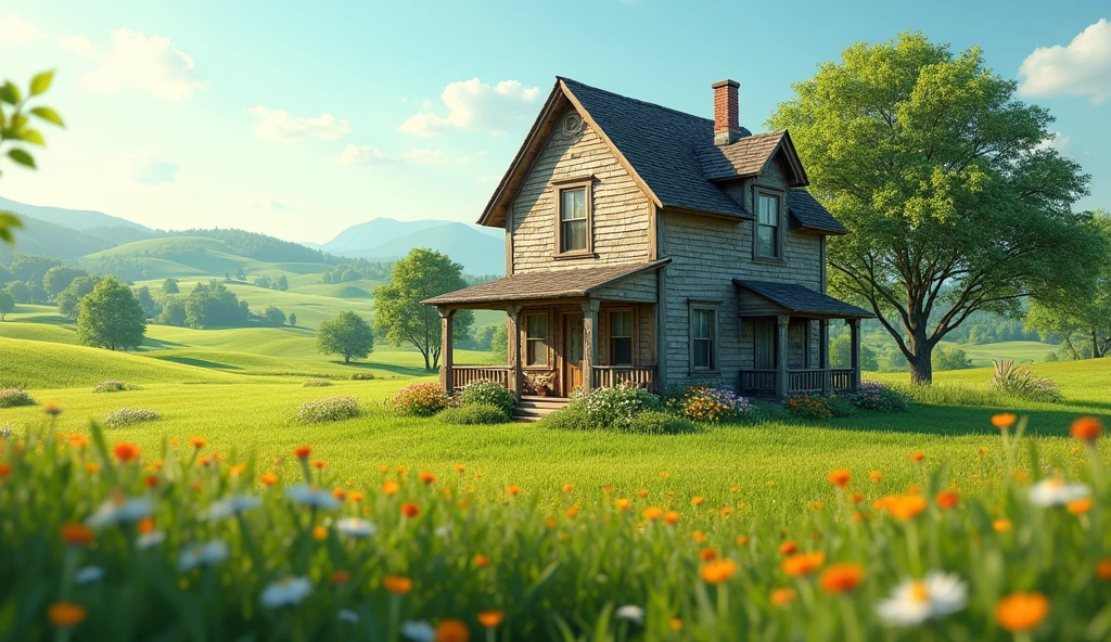 a small country house surrounded by beautiful fields, realistic, high definition, realistic photography