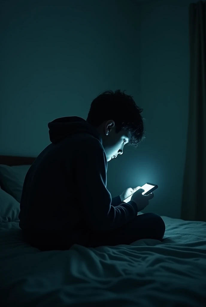 Create a poster for a movie featuring a human boy with his face hanging down sadly, he is in a dark room where only the light from his phone appears and his back is turned,he is wearing dark clothes, He's sitting on the bed, he looks like an 1 Brazilian teenager in a hoodie 
