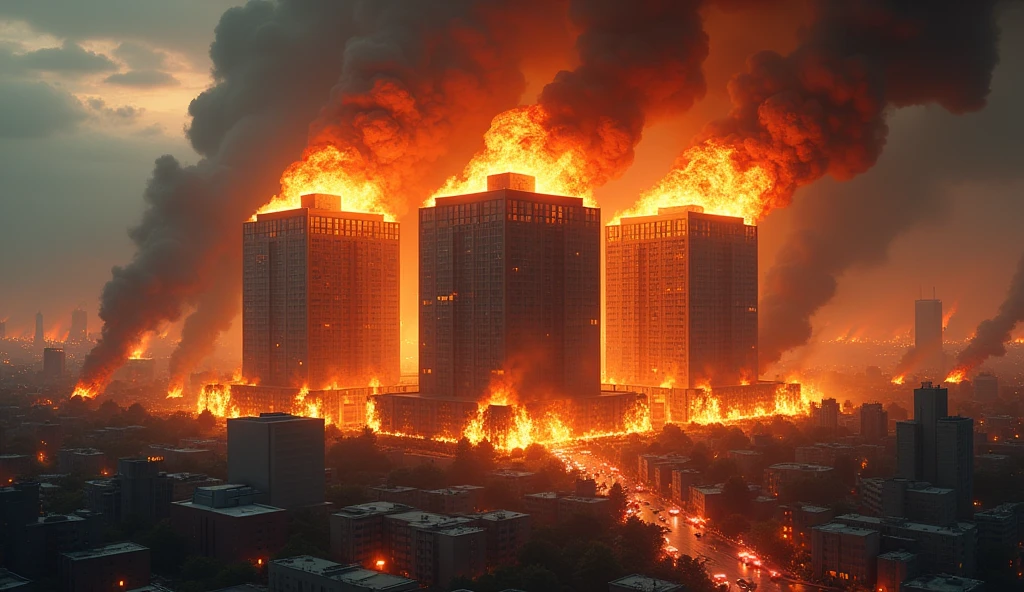 Three-building hospital burning  