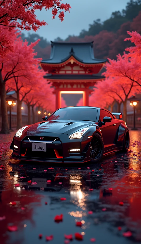 A masterfully crafted 8k art photography of a sleek, modified Nissan GTR NISMO in JDM color, showcasing black and red metallic tones. The car is meticulously placed amidst a serene Japanese temple, surrounded by vibrant red cherry blossom sakura petals that float through the air. The composition is a seamless blend of photorealistic concept art and cinematic lighting, reminiscent of the masterful techniques employed by Raphael, Caravaggio, and Greg Rutkowski. The render showcases natural volumetric lighting, with soft, perfect shadows that evoke a chiaroscuro effect. The image pays homage to the works of artists such as Beeple, Beksinski, and H.R. Giger and is sure to captivate and inspire viewers with its breathtaking beauty and attention to, 3d render, cinematic, photo