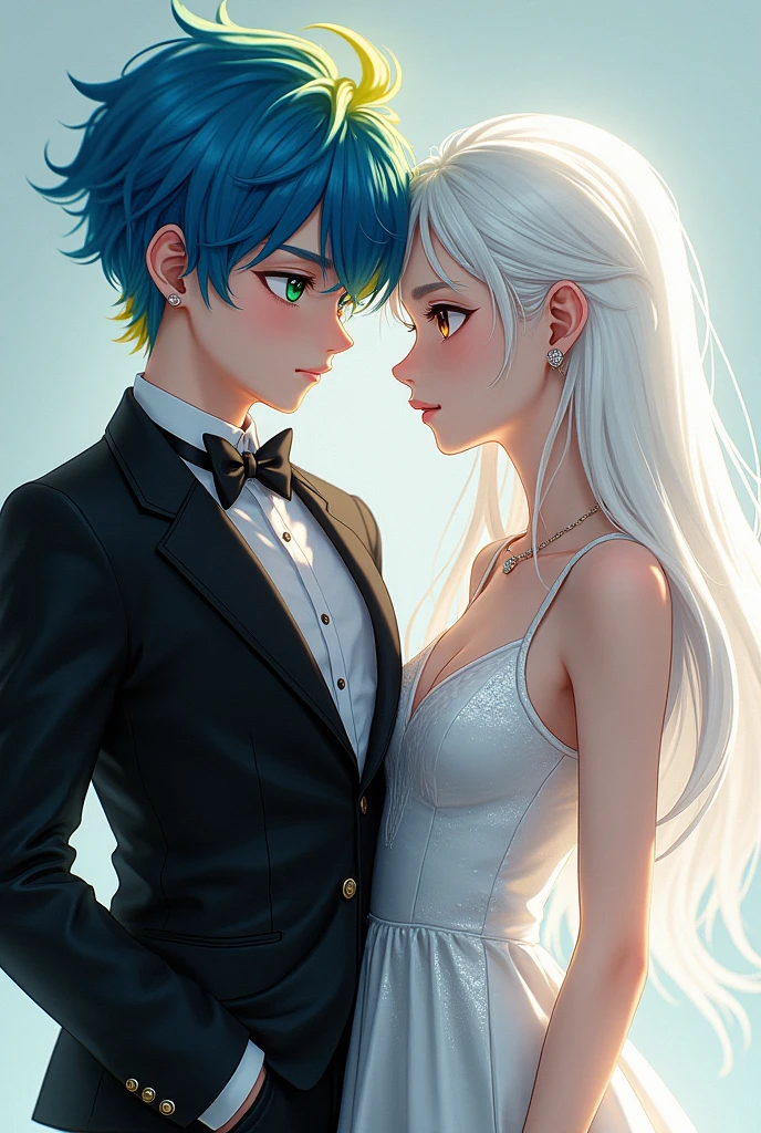 A boy in a smart black suit,with blue hair and a yellow lock of hair,and bright green eyes,a girl in a shiny white dress,with white hair and brown eyes