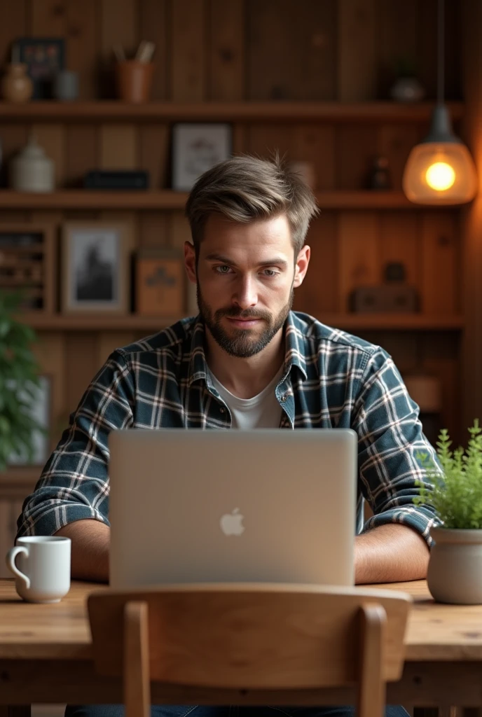 Man with a plaid shirt, sitting on a chair, working on a Macbook in a wooding desk, short hair, light beard