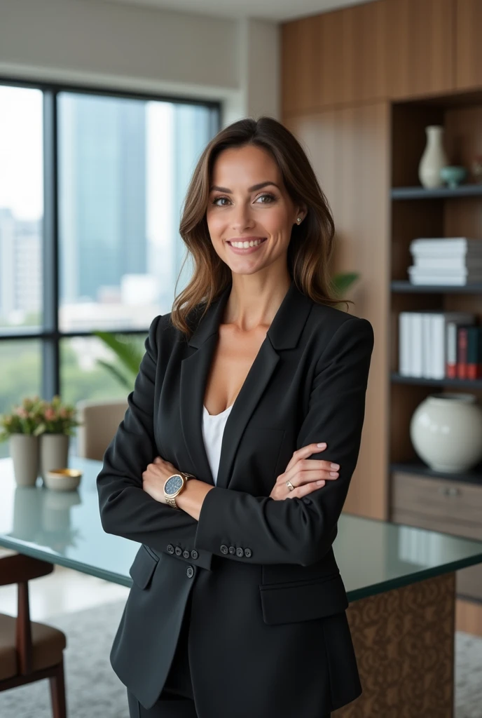 **muka:**
- Expression of determination and self-confidence - Light and natural makeup, highlighting real beauty - Loose hair, with a modern and sophisticated style
**cos:**
- cos esbelto e bem cuidado
- Usando um elegante conjunto de blazer e calças de grife ou um vestido estruturado
- Postura assertiva e elegante
**Accessories:**
- Luxury bag (like Prada or Saint Laurent)
- Modern and minimalist clock (For example, Tag Heuer or Omega)
- Discreet jewelry, but sophisticated (a thin gold chain, Small pearl earrings)
**enviroment:**
- Modern and well-lit office, with large windows and views of the city skyline - Contemporary and high quality furniture (glass desk, designer chairs)
- Organized books and documents, suggesting a successful career - Minimalist home decor items, such as elegant vases and abstract art