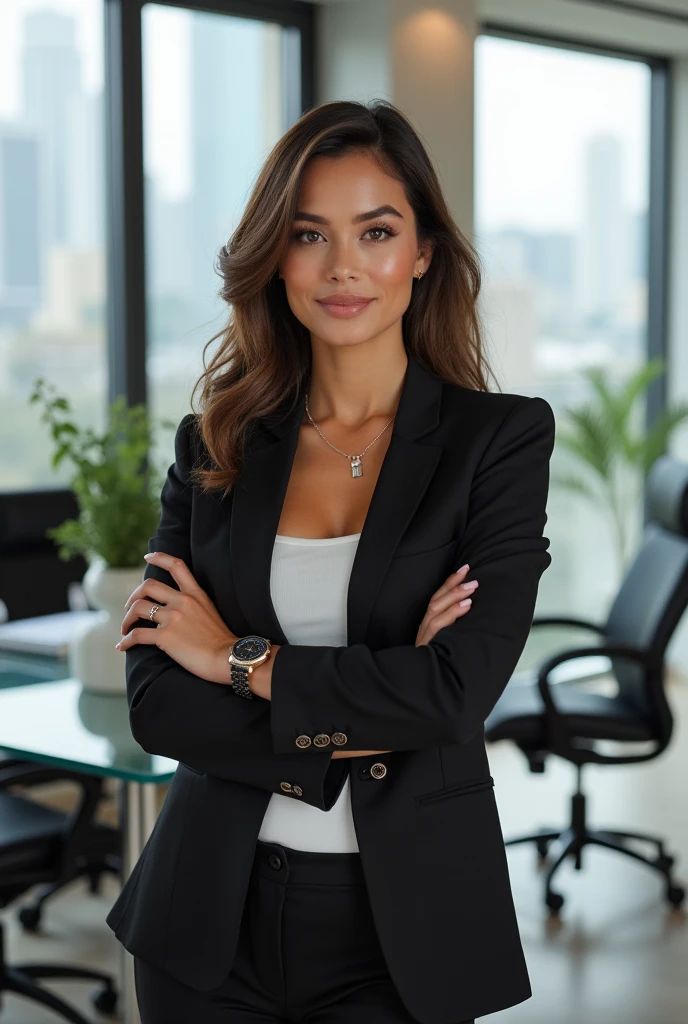 **muka:**
- Expression of determination and self-confidence - Light and natural makeup, highlighting real beauty - Loose hair, with a modern and sophisticated style
**cos:**
- cos esbelto e bem cuidado
- Usando um elegante conjunto de blazer e calças de grife ou um vestido estruturado
- Postura assertiva e elegante
**Accessories:**
- Luxury bag (like Prada or Saint Laurent)
- Modern and minimalist clock (For example, Tag Heuer or Omega)
- Discreet jewelry, but sophisticated (a thin gold chain, Small pearl earrings)
**enviroment:**
- Modern and well-lit office, with large windows and views of the city skyline - Contemporary and high quality furniture (glass desk, designer chairs)
- Organized books and documents, suggesting a successful career - Minimalist home decor items, such as elegant vases and abstract art