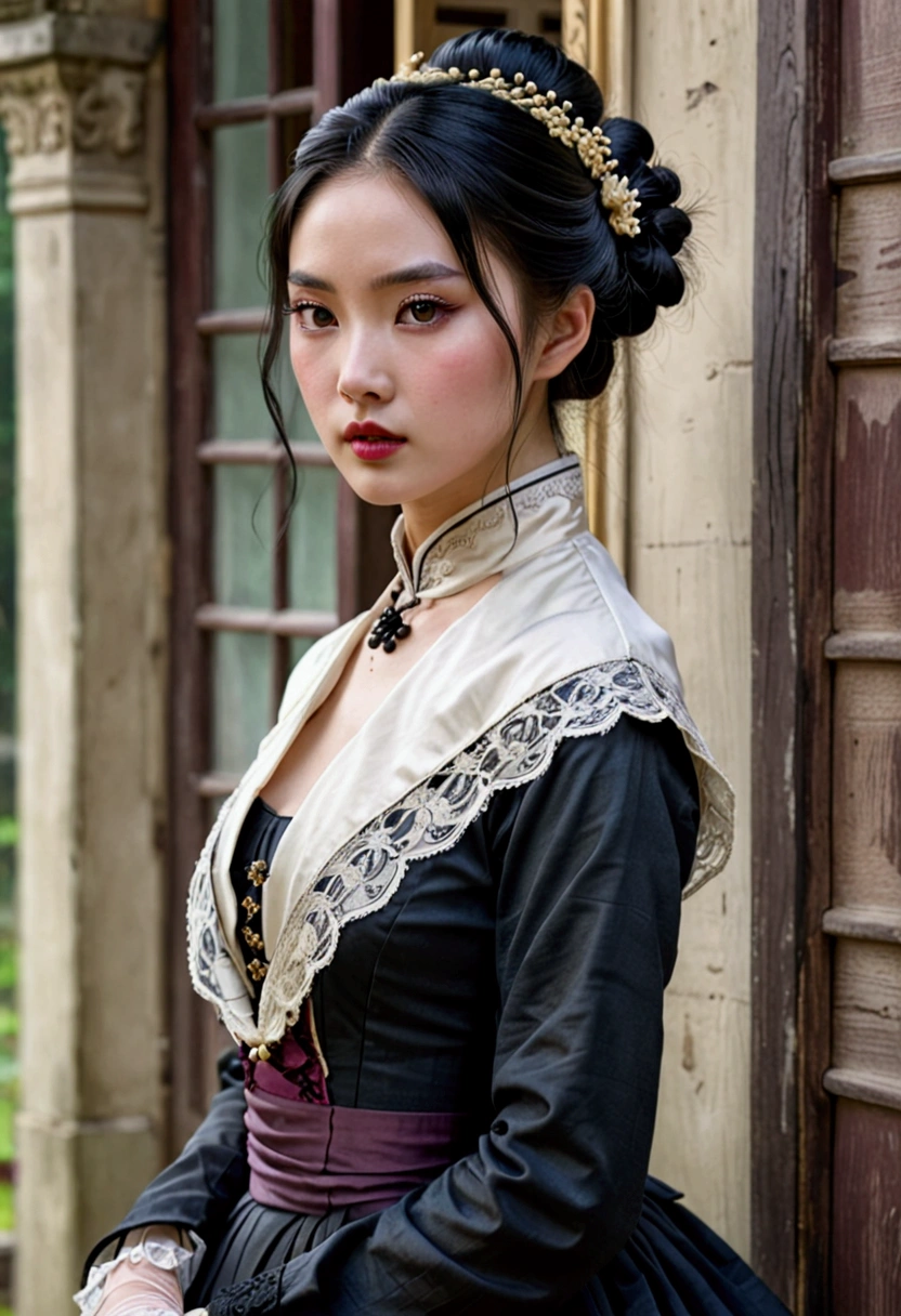 (photorealism:1.2), beautiful Asian girl with long black hair tied in an elegant updo, pale skin, full lips and dark eyes with long eyelashes wearing European-Victorian clothes