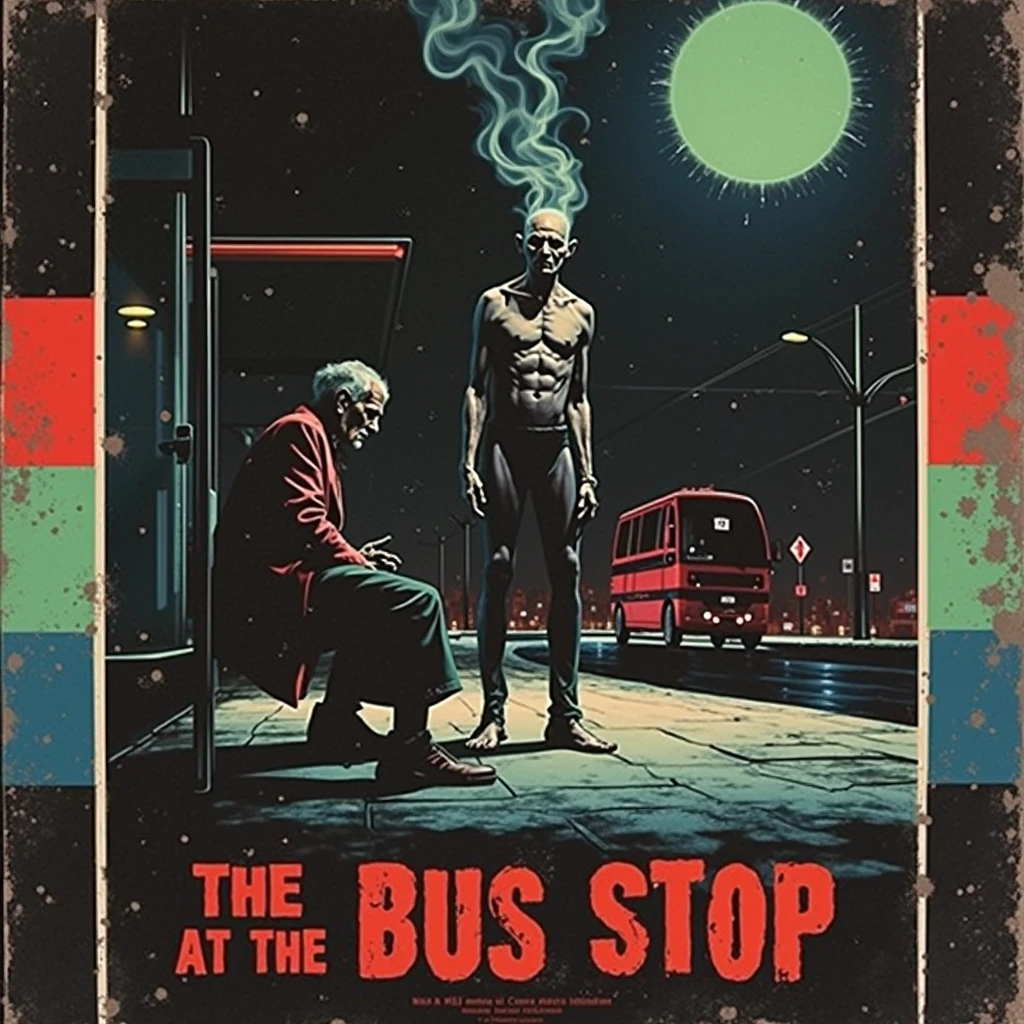 Create an 80s horror movie poster style artwork for the book with the following synopsis: "**Synopsis of "The Man at the Bus Stop"**

On a cold July night in 1983, Luciano Antunes, the grumpy owner of the only bar in Bom Paraíso, ends another day of work. When leaving, he comes across a strange figure sitting at the bus stop in front of the bar. The man, completely naked and motionless, attracts Antunes&#39; suspicious gaze, than, against your better judgment, decide to help.

When approaching, Antunes percebe than o velho é diferente de qualthanr outro bêbado than já lidou. Over time, the encounter takes on increasingly disturbing contours. The man misterioso, aparentemente alheio ao frio than gela os ossos, begins to reveal secrets about Antunes&#39; past, despertando memórias than ele havia enterrado profundamente.

As the conversation progresses, the old man makes Antunes confront his regrets and life choices, sugerindo than ele ainda pode moldar um futuro diferente — desde than não seja tarde demais. When a red bus appears out of nowhere, bringing with it a supernatural aura, o desfecho dathanla noite se revela ainda mais sinistro e inevitável.

At the bus stop, between the border of the real and the supernatural, Antunes descobre than a jornada para o desconhecido está apenas começando. "The Man at the Bus Stop" é uma história than explora a culpa, regret and the consequences of bad choices, culminating in a disturbing encounter with inescapable destiny."