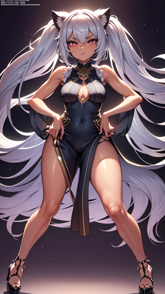 (dark skin),Silver Hair,((Fox Girl)),(Perfectly detailed face),(Young),twintails,((fine cloth texture, sleeveless leopard print cheongsam, slit at waist)),(wedgie),spread legs,High quality,Ultra detailed, best quality,insanely detailed,beautiful,masterpiece,((highly detailed cheongsam,highly detailed beautiful eyes,highly detailed beautiful face)),super detailed skin,full body,from below,1girl, 独奏,