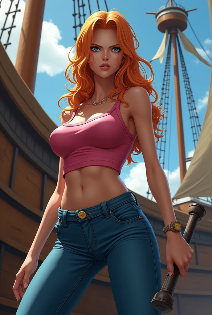 Very beautiful Nami (one piece), Subtle makeup, Moneyen hour, Realistic, High Contrast, 8k hd, detailed, hyper-detailed, Realistic skin texture, orange long hair, Bikini top only, Blue pants, Large Breasts, Highest quality, Ultra-high resolution, RAW Photos, Dramatic lighting, Unreal Engine, Diffuse Light, Outdoor, realistic detailed onep piece pirate ship, Treasure Chest, Money, Money coins, Money bars.
