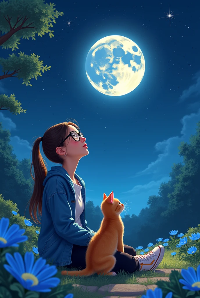 A girl with her blue-eyed orange kitten, sitting on the side, long hair girl, brown, The hair is tied up in a ponytail., the girl's haircut has no paste, Black Prescription Glasses, with black pants, denim blue jacket, white blouse, white tennis shoes with orange detail on the side, skin fair, red lipgloss stick. They are looking at the starry sky in a very clean garden with blue flowers, with a beautiful tree in the reflection of the moon, The sky is full of stars and the moon is very bright
