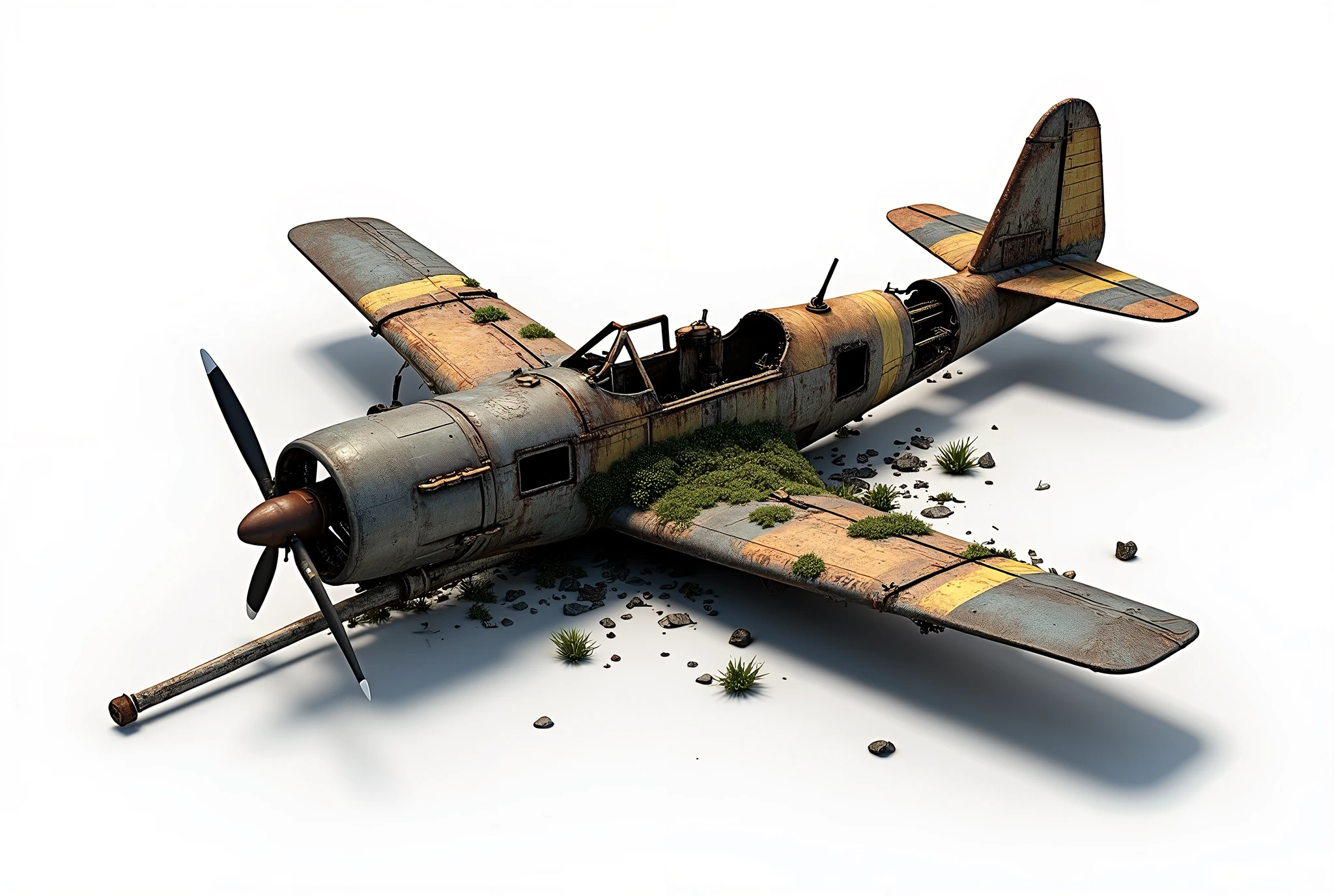 Aerial view of a rusty, wrecked plane, part of the firing shot burned, broken window, machine gun drilling into moss covered hull, total white background, complex and realistic details, image for reference model composition, 3D presentation thumbnail. unreal engineer Iray rendering NVIDIA RTX 3060, global lighting studio,