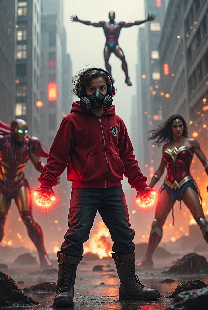 Young Star-lord with red hoodie, headphones, star-lord helmet, gas helmet, covered mouth, round red eyes, Red eyes, magic rings in the hands and rocket boots vs, SuperGirl, vs. Hulk Fighting, power, fiction, full body, hug, fall, fire in boots, poweful spells, realistic, helmet, mask, red cape, confrontation, punch, gun, flying in the sky, view of the city from above, rain, fighting, Black gloves, ocean floor, face cover, free hair, front cover