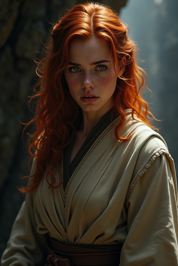 woman with red, curly hair, blue eyes, looks tired, dim lighting, wearing jedi robes