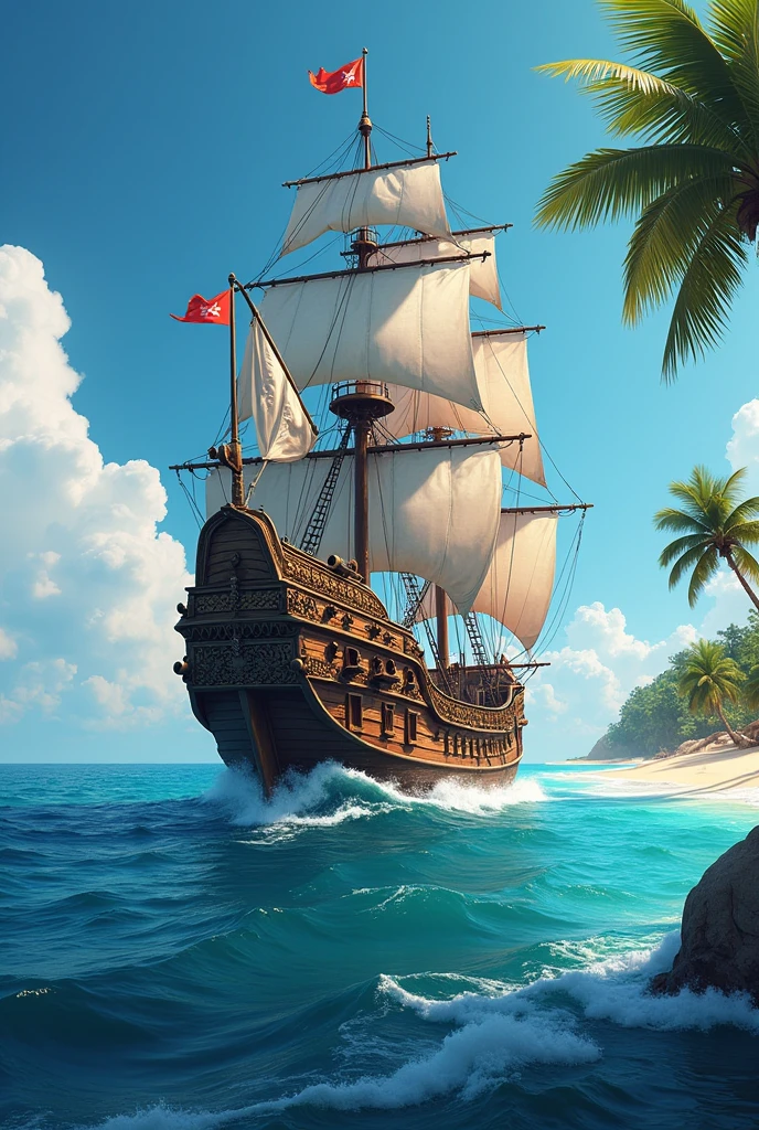 pirate ship in the ocean with a beach and palm trees, highly detailed digital artwork, amazing wallpaper, 8k high quality detailed art, 4k highly detailed digital art, highly detailed background, very high detailed, highly detailed 4 k art, 8k stunning artwork, amazing background, 8 k highly detailed art, highly detailed digital art, 4 k highly detailed art, official artwork