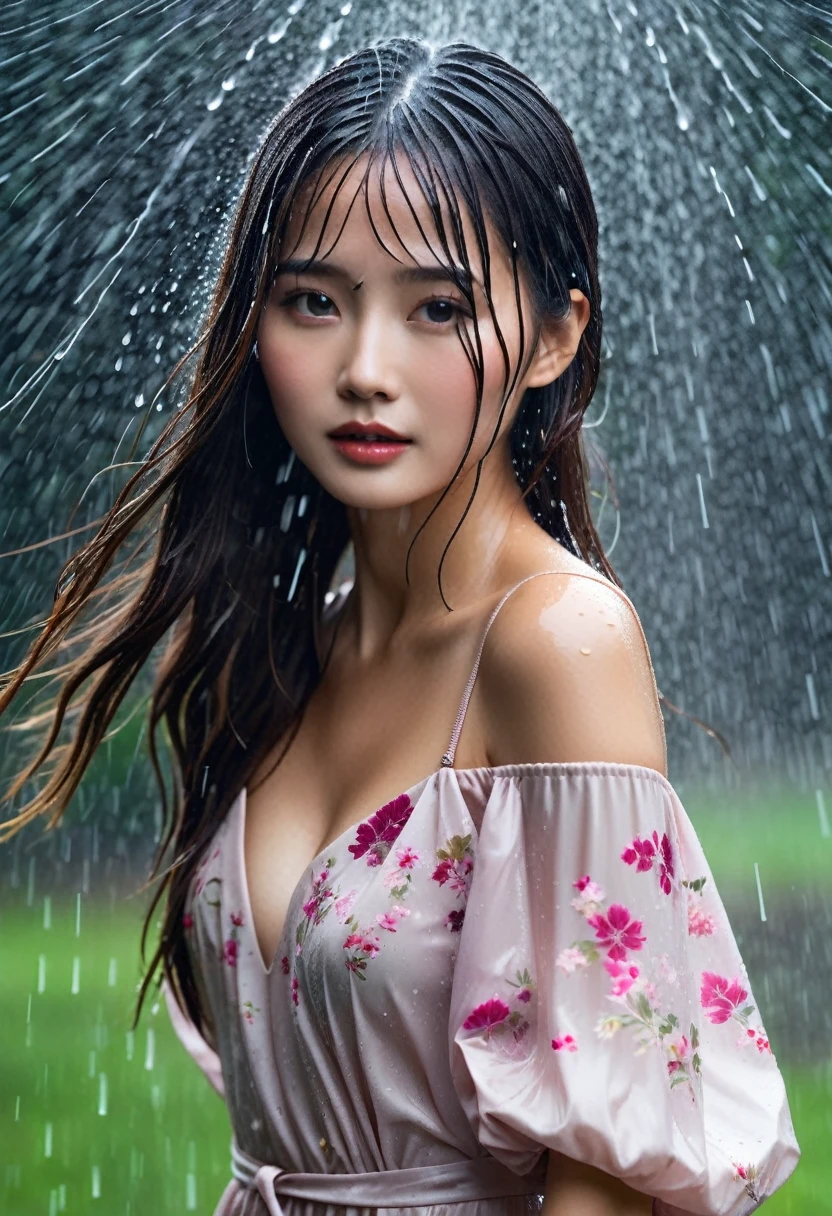 she likes to be very wet a high-resolution image capturing a young model with long, straight, wet hair covering her face under a Strom rain
with a water hose. the obscured face emits a cute, youthful vibe reminiscent of a 1 actress/model year 16 asian. she adorns an elegant, voluminous gala dress with a floral pattern and voluminous sleeves,