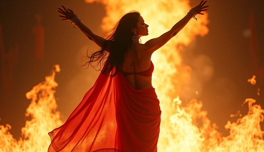 Draupadi birth from mahabharat,long hair beautiful woman emerging from fire in a fire stage,wearing red saree