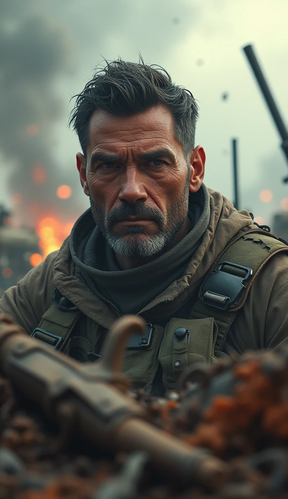A hyperrealistic, 3D image of a battlefield where the son-in-law is in the front lines, surrounded by chaos. The scene should be filled with vibrant, yet somber colors, with the focus on the son-in-law’s face, showing the realization of his fate.