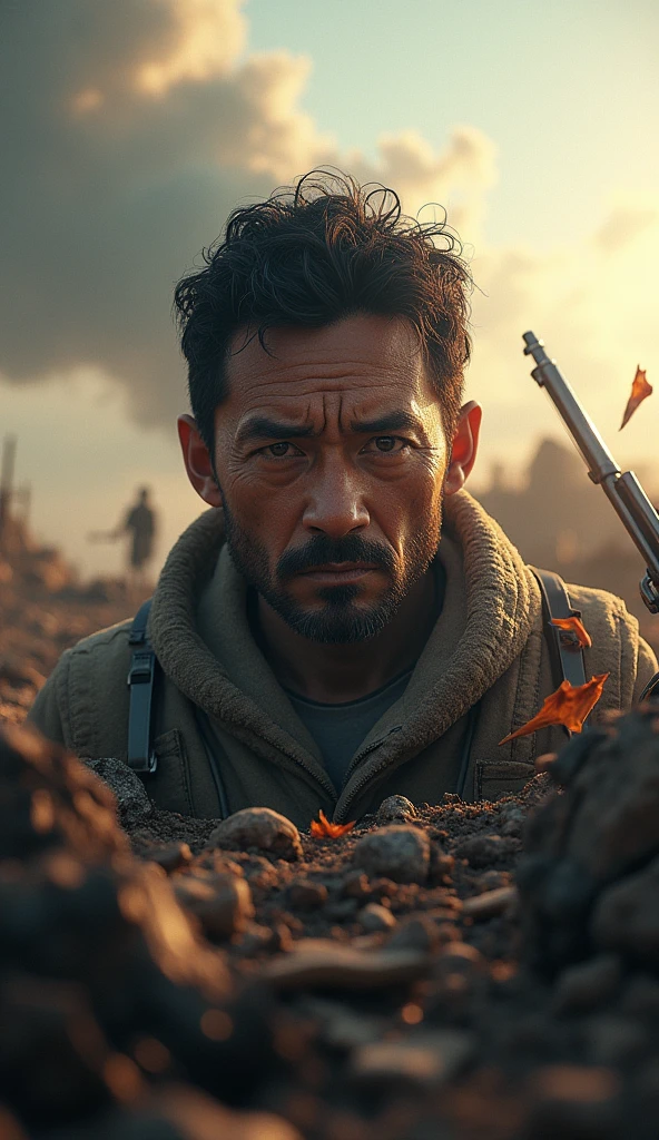 A hyperrealistic, 3D image of a battlefield where the son-in-law is in the front lines, surrounded by chaos. The scene should be filled with vibrant, yet somber colors, with the focus on the son-in-law’s face, showing the realization of his fate.