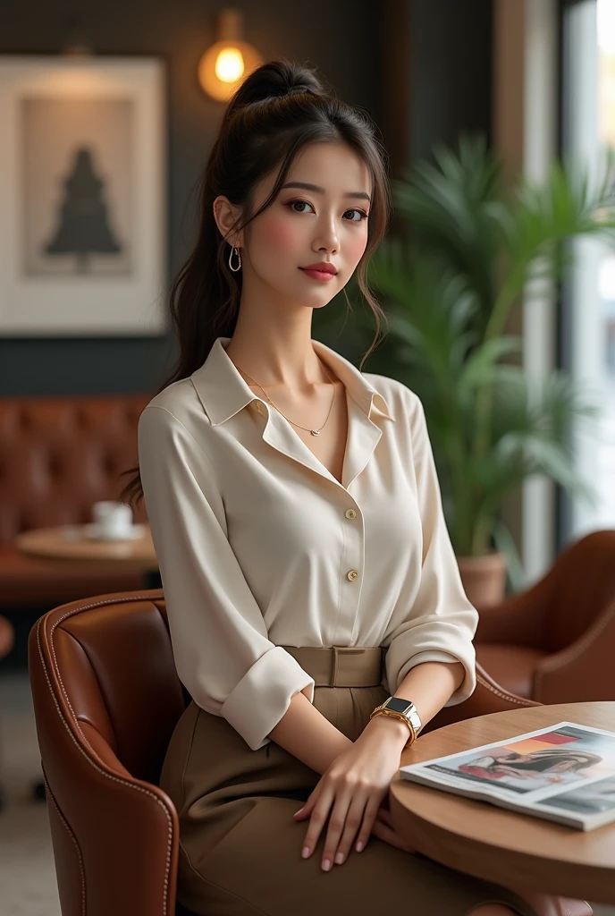 **muka:**
- Expression of serenity and introspection - Light and natural makeup, highlighting authentic beauty - Hair tied in a sleek bun or sophisticated ponytail
**cos:**
- cos atlético e bem cuidado
- Vestindo um conjunto chique de saia lápis e blusa de seda ou um vestido casual-chique
- Postura relaxada, but with a touch of elegance
**Accessories:**
- Discreet luxury bag (como Celine ou Loewe)
- Elegant and functional design watch (como Longines ou Jaeger-LeCoultre)
- Subtle jewelry, like a delicate bracelet and a pair of minimalist gold earrings
**enviroment:**
- Stylish and modern cafe, with a cozy and sophisticated atmosphere - Comfortable and designer furniture, like leather armchairs and refined wooden tables - Business books and fashion magazines on the table, suggesting varied interests - Indoor plants and modern art on the walls, creating an inspiring and creative environment