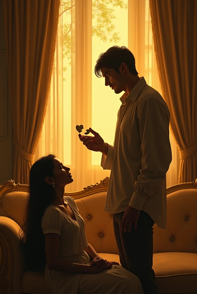 Prompt 3: A man stands by a golden, transparent window, holding a pendant of a broken heart in his hand. He gazes at the pendant with an expression of pain and disappointment in his eyes. Across from him, a woman sits on a sofa with a similar look of hurt and sadness. The golden walls and furniture add to the somber mood of the scene, emphasizing their emotional turmoil.
