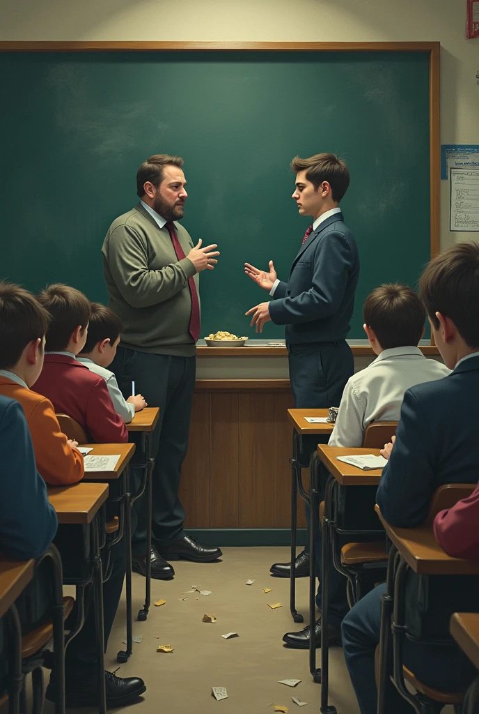 A bad teacher explaining the subject with all the students writing and bored