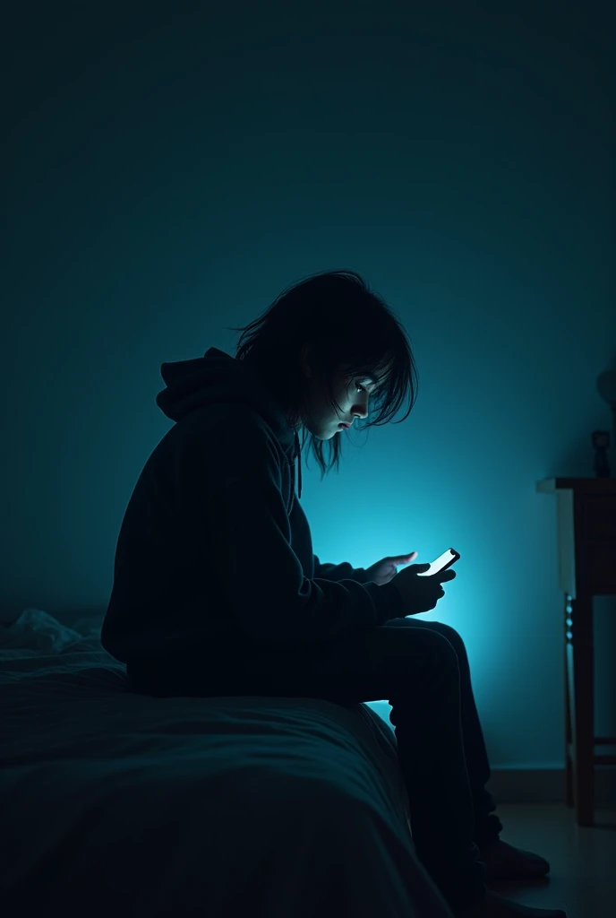 Create a poster for a movie featuring a human boy with his face hanging down sadly, he is in a dark room where only the light from his phone appears and his back is turned,he is wearing dark clothes, He's sitting on the bed, he looks like an 1 Brazilian teenager in a hood with Indian hair