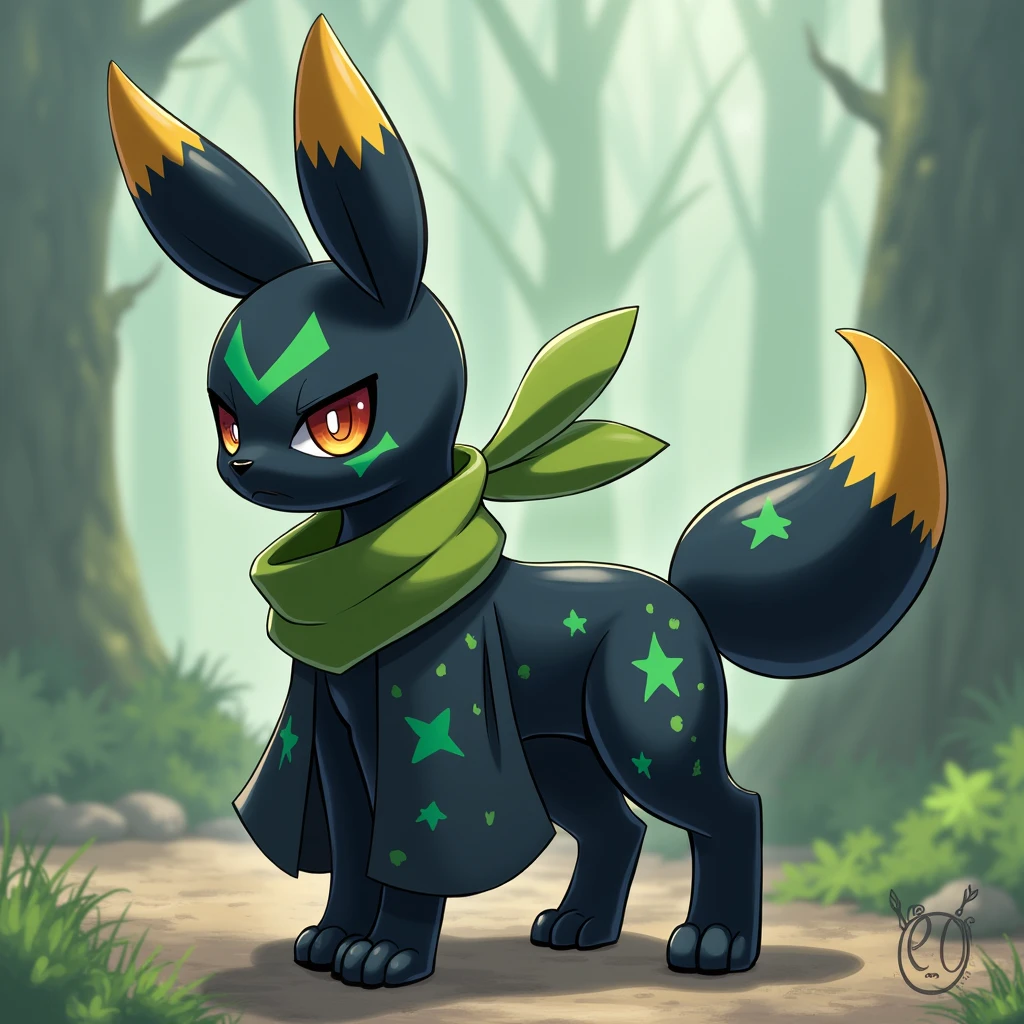 High resolution, detail, cheered up. A colorful Umbreon from Pokémon (quadruped) with a slightly serious look and scars all over his body except his face, and a huge scar on the right side of his neck. Dark-colored tunic covering almost the entire body, lime green scarf covering almost her entire neck, but leaving the scar on his neck somewhat exposed